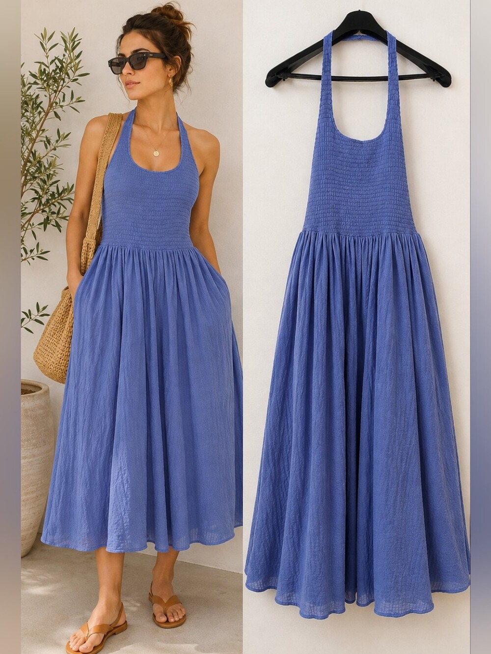 Band of the Free LA Textured Blue Cotton Smocked Halter Midi Maxi Dress M
